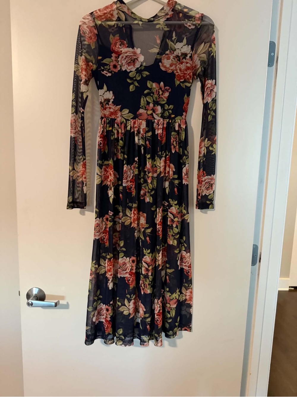 Floral Long-Sleeve Mesh Midi Dress - Black with Floral